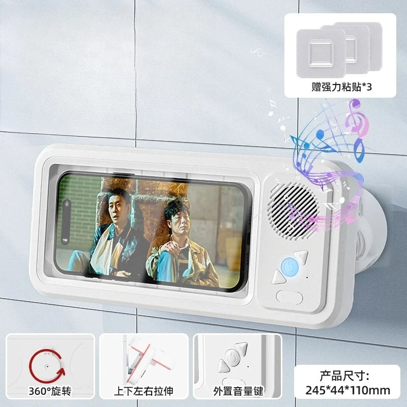 Creative Bathroom Waterproof Phone Case with Bluetooth Speaker Wall Mount Touch-screen Phone Holder Stand Anti-Fog for Showering