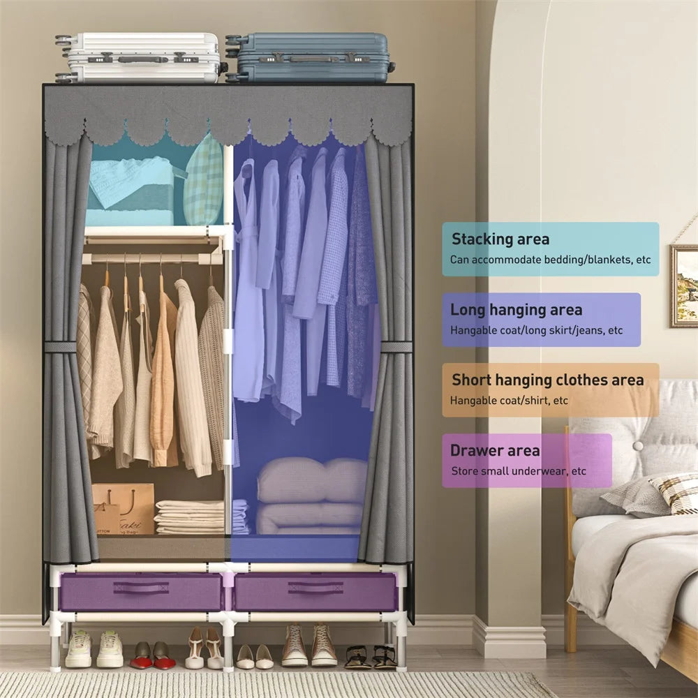 Wardrobe Simple Cloth Wardrobe Household Bedroom Assembly Cabinet Large Wardrobe Durable Simple Modern,Grey