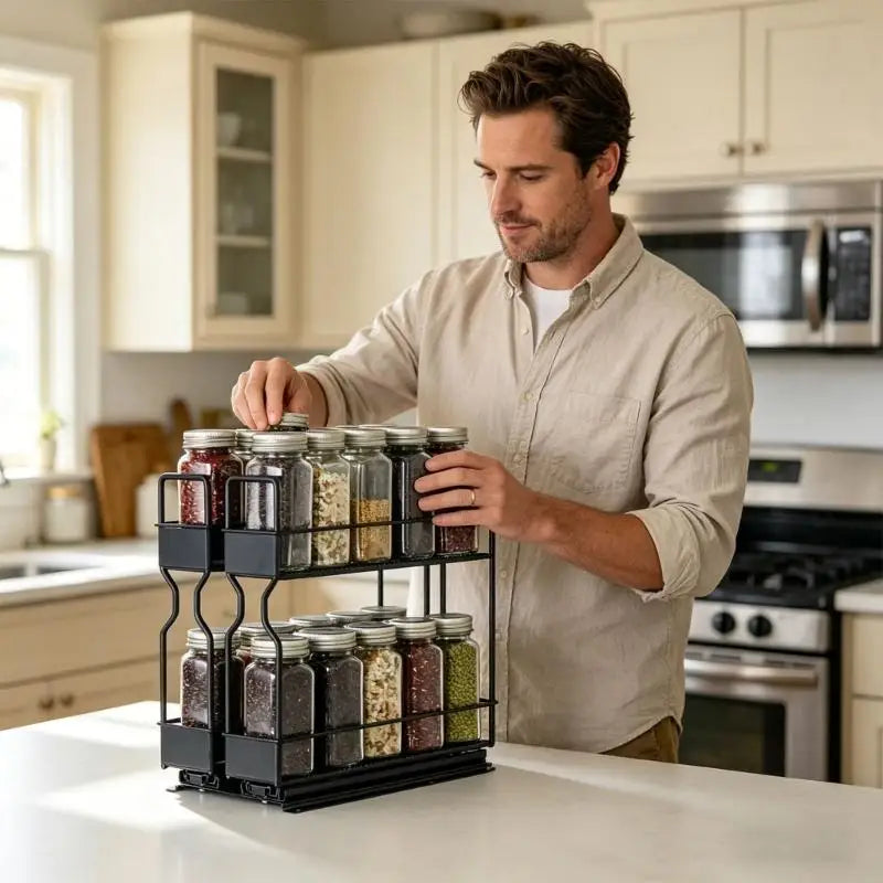 Two Kitchen Seasoning Holder With 2 Level Storage Space Durable Carbon Steel Structure For Cabinets And Pantries B03E