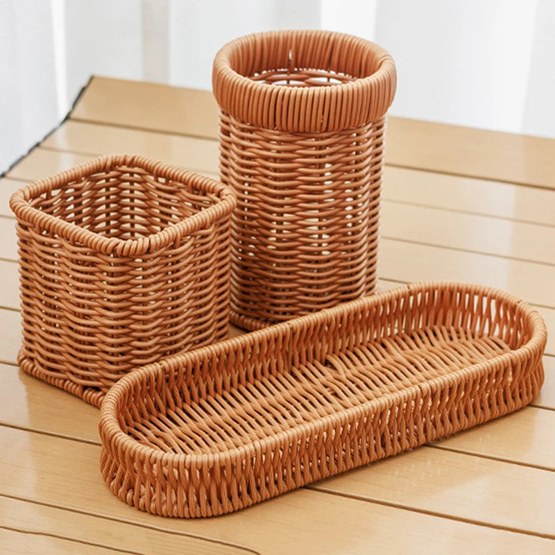 Imitation Rattan Hotel Restaurant Knife And Fork Basket Chopstick Storage Box Seasoning Jar Basket Kitchen Storage Rack