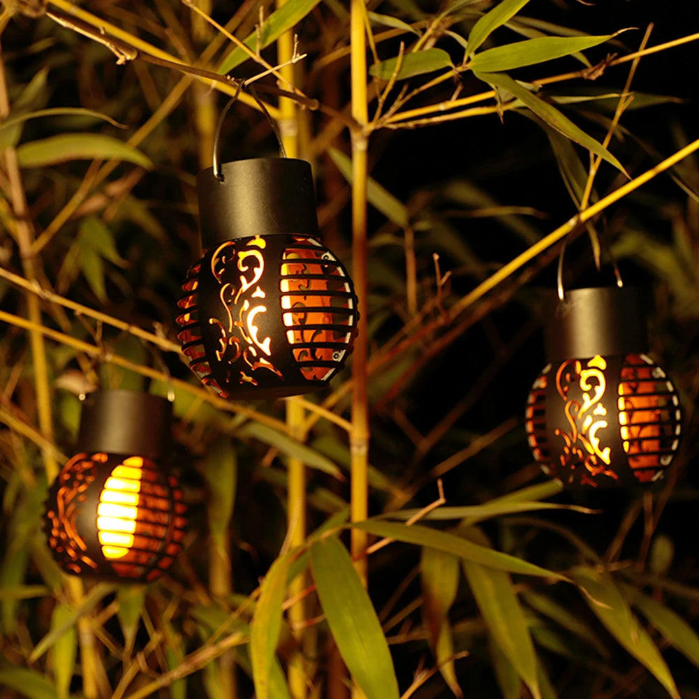 LED Outdoor Solar Light Garden Light Hanging Chandelier Lamp Hollow Garden Decoration Flame Lamp Solar Lantern Ornament