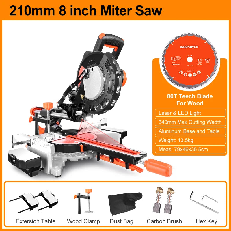 HASPOWER 8 Inch 210mm Sliding Miter Saw Single Bevel With Laser LED Light Electric Power Tool Cutting Machine