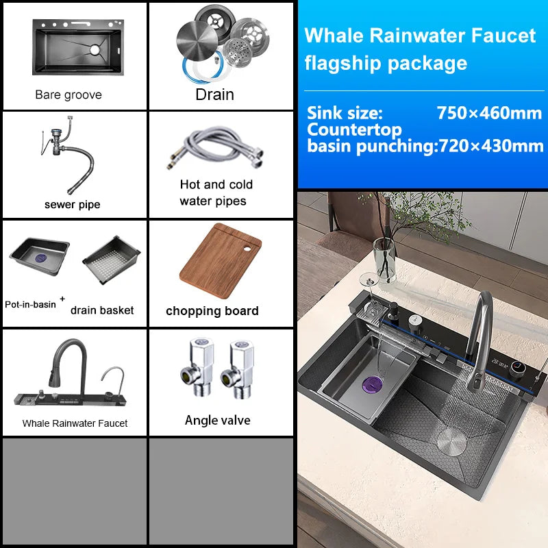 Stainless Steel Waterfall Kitchen Sink Extra Large Single Slot Digital Display Faucet Set Cup Washer Wash Basin 100*50cm