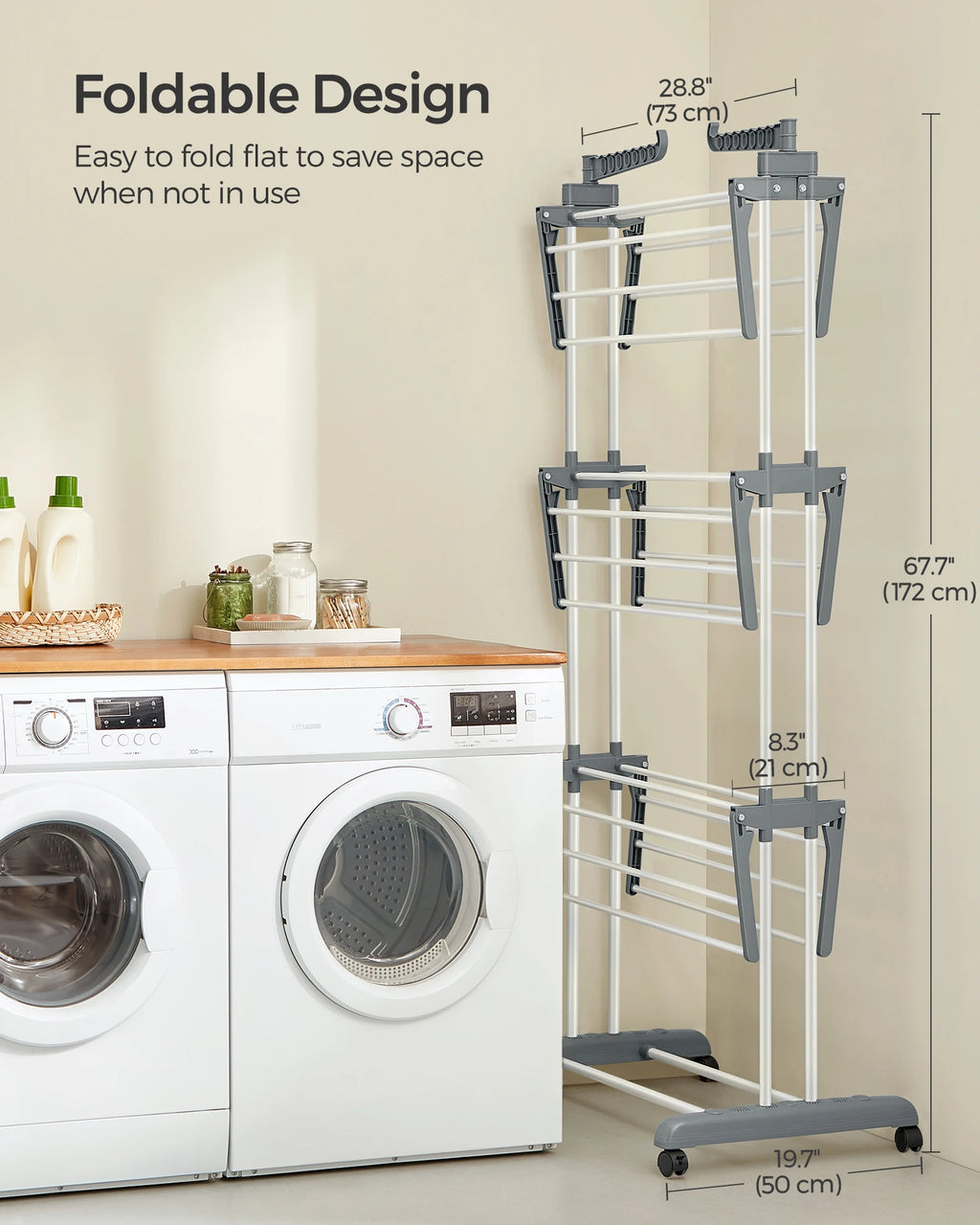 SONGMICS Clothes Drying Rack Stand 4-Tier, Foldable Laundry Drying Rack 68.1-Inch Tall, Steel, Rolling Clothes Horses Dryer Rack