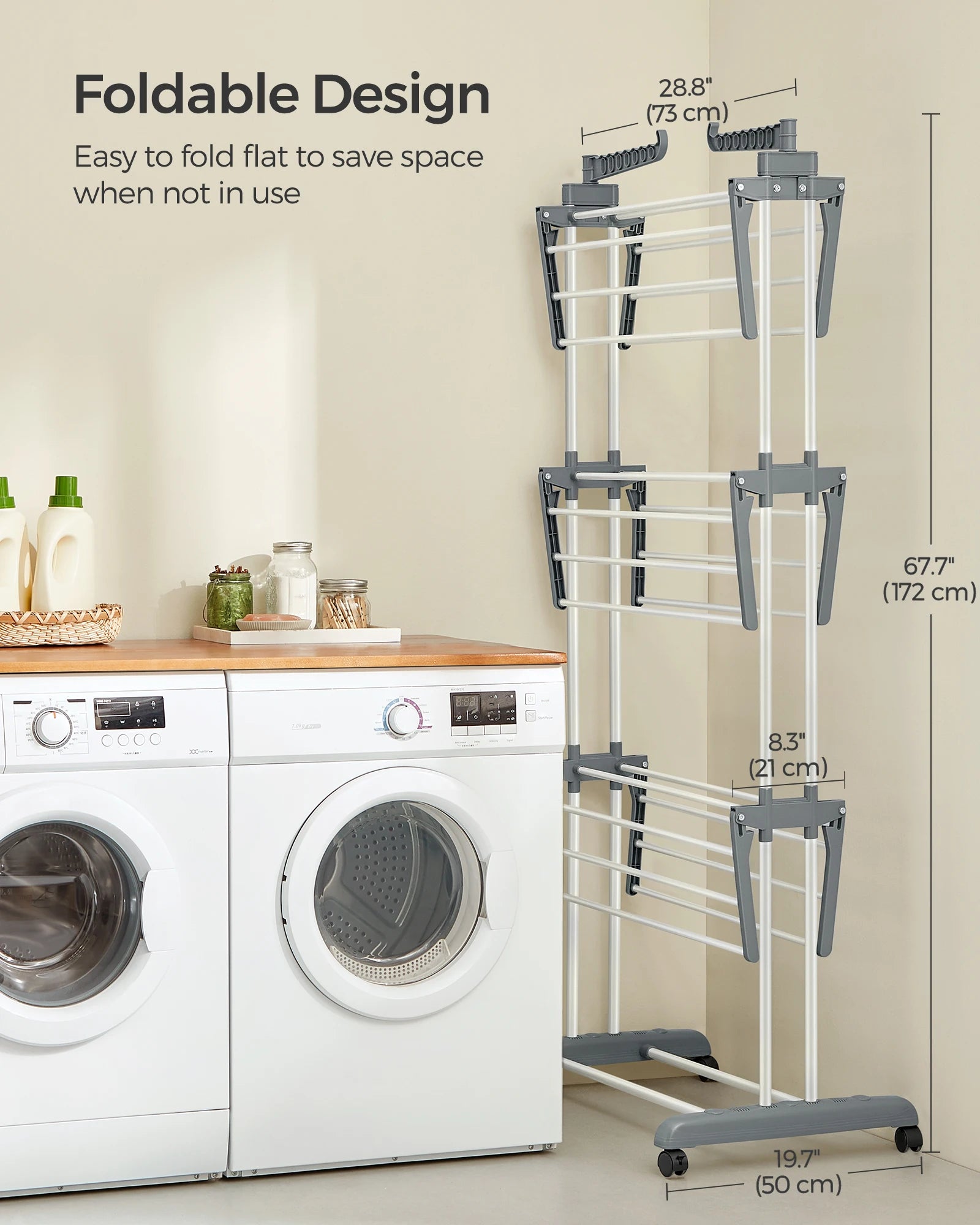 SONGMICS Clothes Drying Rack Stand 4-Tier, Foldable Laundry Drying Rack 68.1-Inch Tall, Steel, Rolling Clothes Horses Dryer Rack