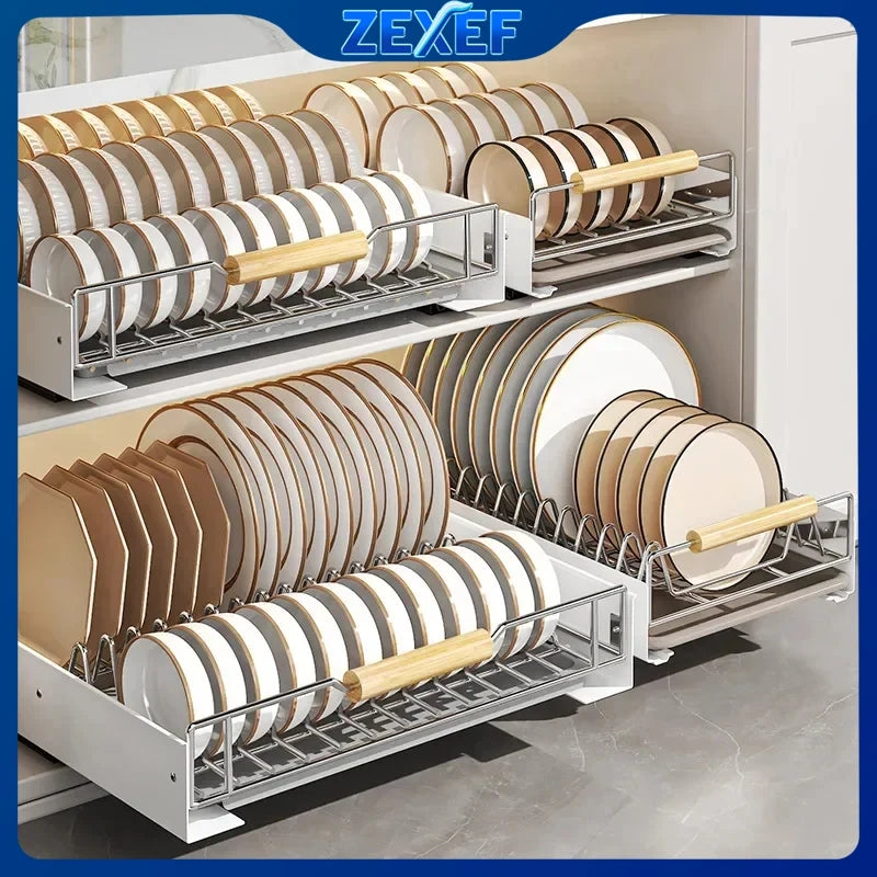 ZEXEF Kitchen Pull-Out Bowl and Dish Rack Cabinet Storage Rack Household Tableware Bowl and Dish Partition Drawer Storage