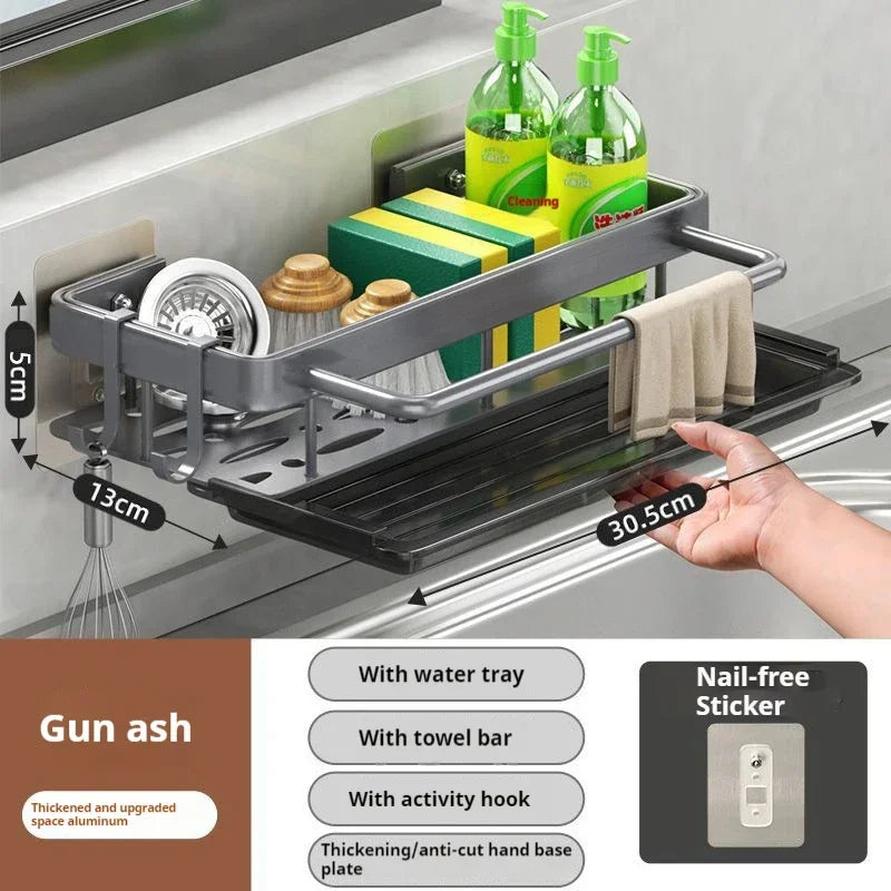 Aluminum Kitchen Sink Drain Rack Suction Cup Wall-mounted Ready-to-attach Kitchen Storage and Organization with Drain Tray