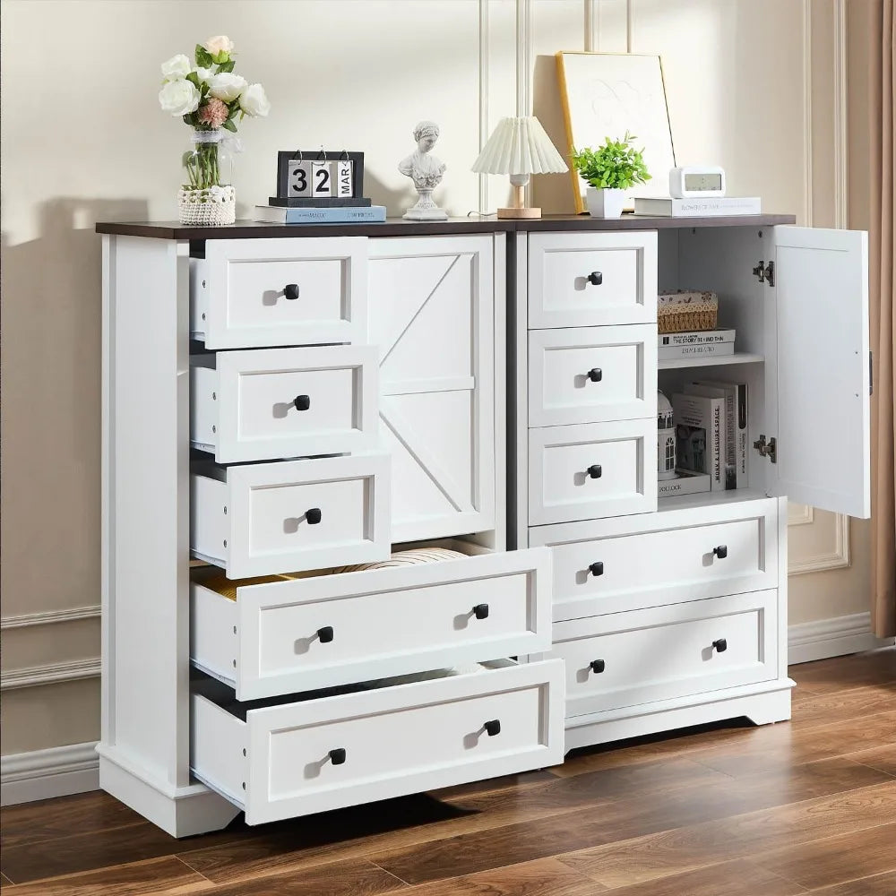 White Dresser for Bedroom, 5 Drawers Farmhouse Wood Dresser with Double Storage Cabinet, 48 Inches Tall Chest of Drawers for Be