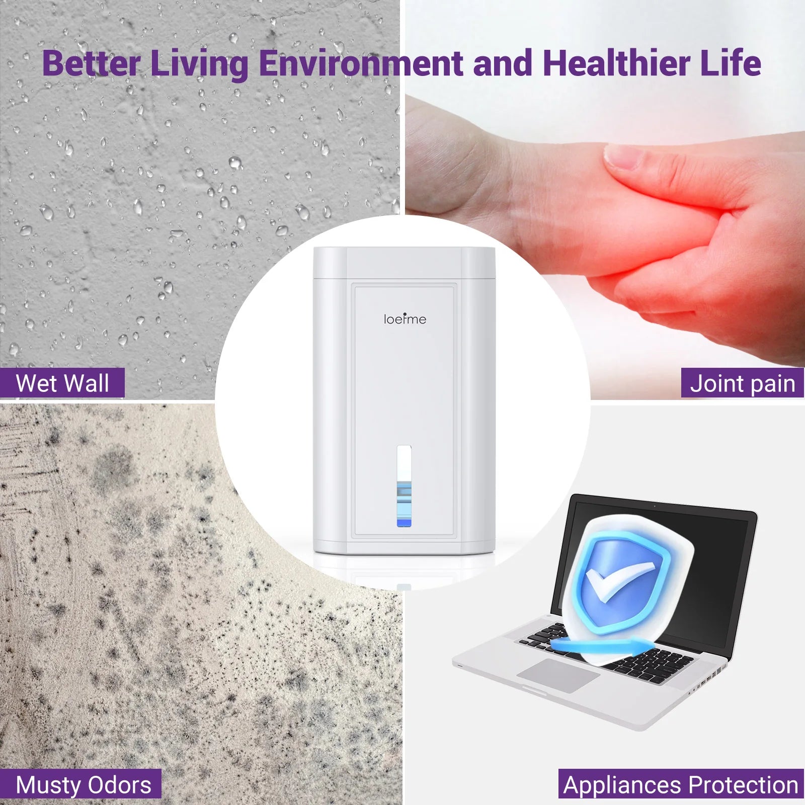 LOEFME 1L Silent Dehumidifier Portable 500ML/Day Air Dehumidifier Dryer with LED Light Area 5–20m² for Home Bedroom living Room