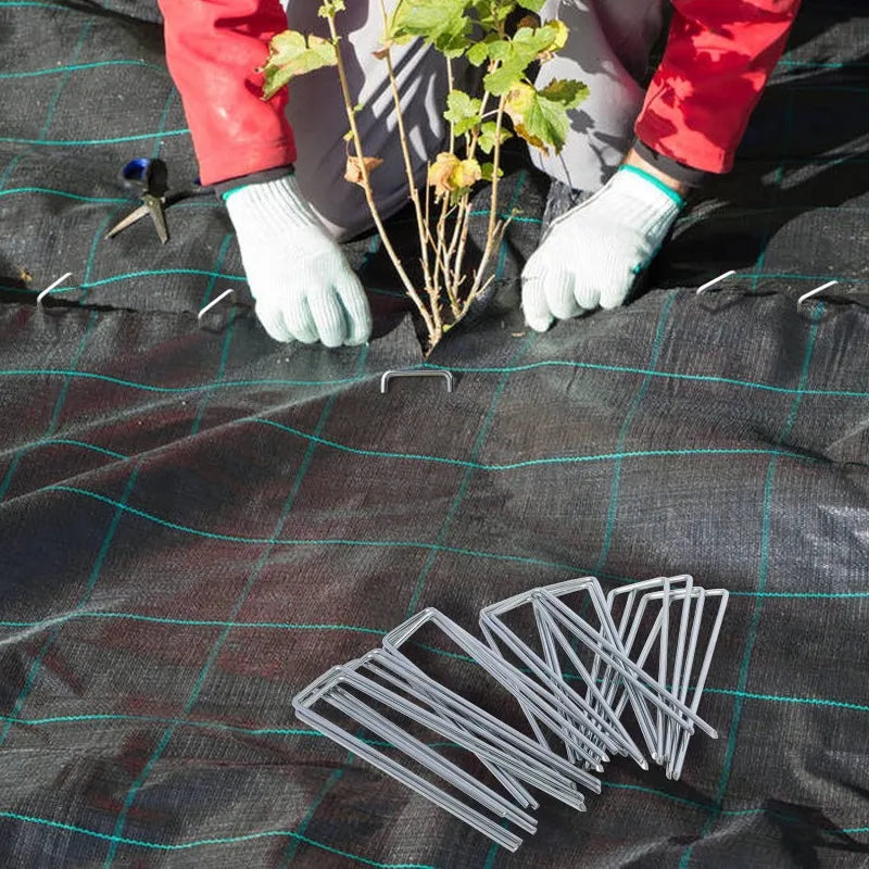 40PCS Garden Pegs U-shaped Ground Pegs Heavy Duty Metal Pins Spikes Ground Staple with 30pcs Buffer Washers for Securing Weed