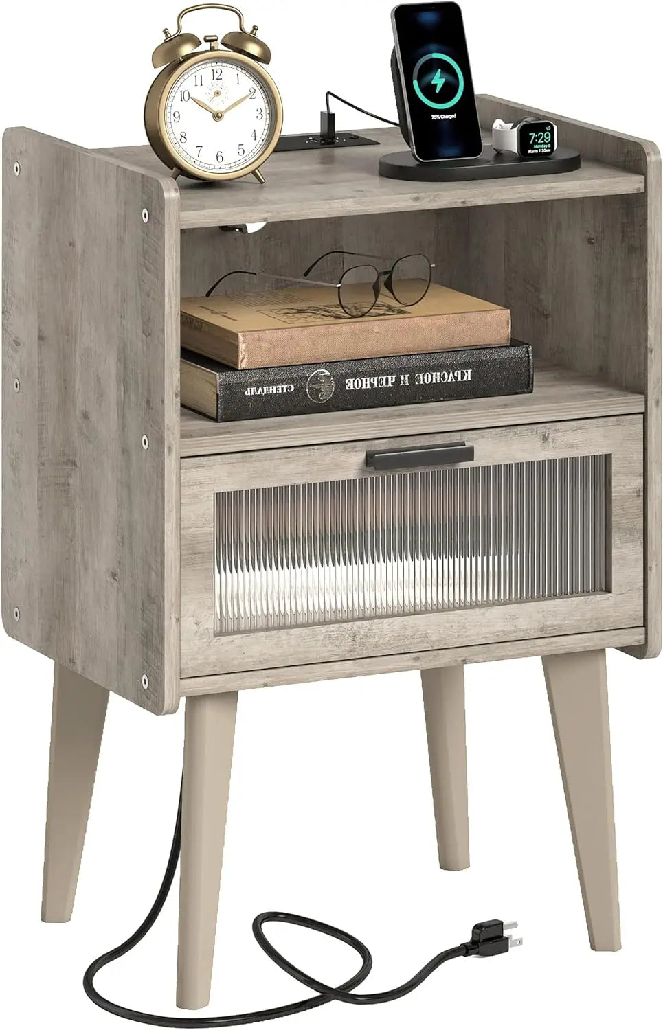 Nightstand with Charging Station, Black Wood Grain Bedside Tables, Modern End Table, Side Table with 2 Tiers Storage Space for B