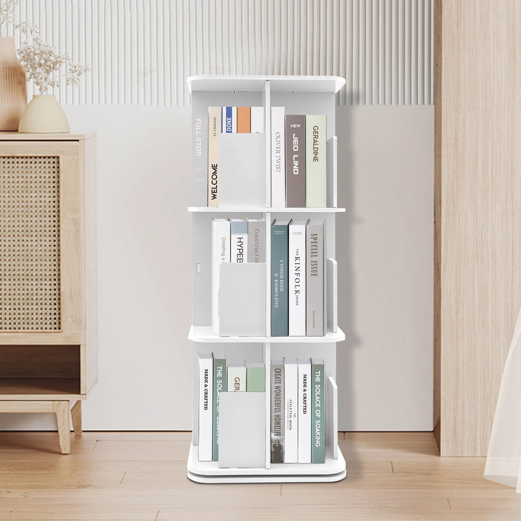 3 Shelves Rotating Bookcase with Desk Pad 360 Degree Rotating Stainless Steel Bookcase for Bedroom Office  Living Room White