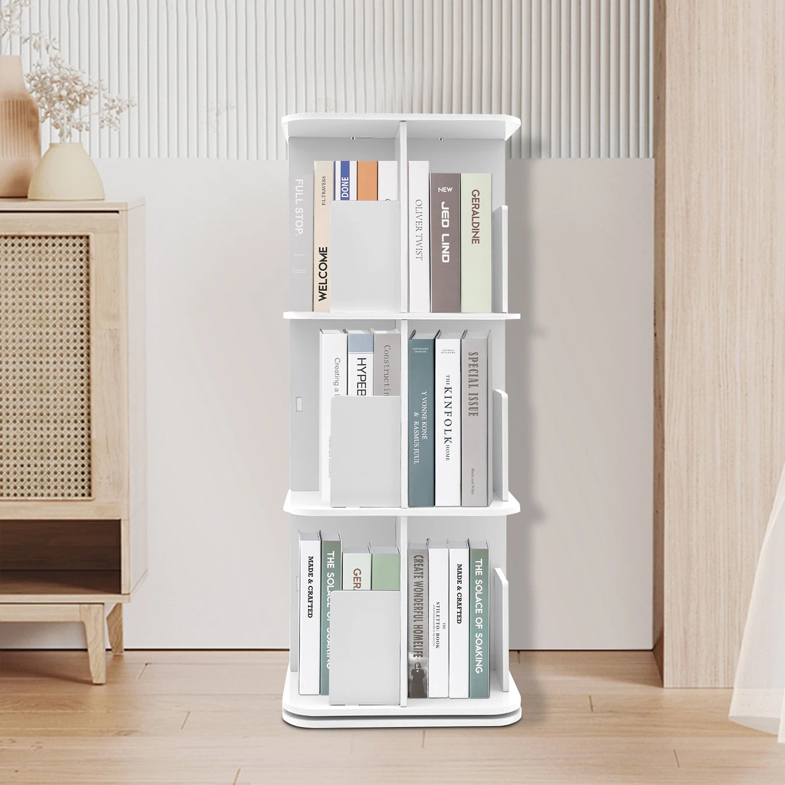 3 Shelves Rotating Bookcase with Desk Pad 360 Degree Rotating Stainless Steel Bookcase for Bedroom Office  Living Room White