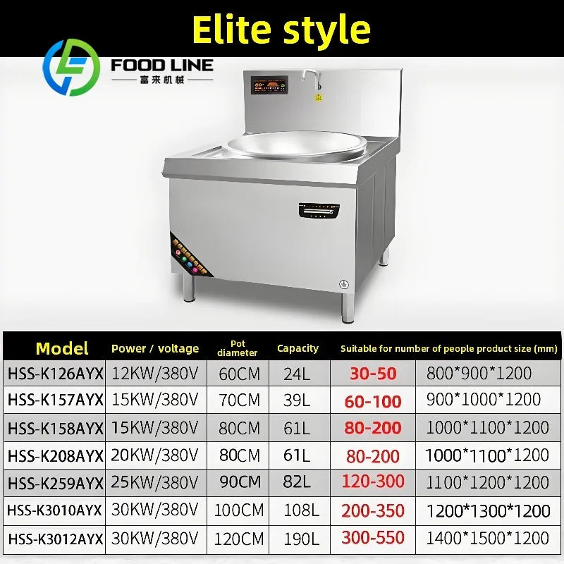 Customized Stainless Steel Restaurant Industrial Kitchens Round Frying Stove Large Electric Stir Fry Commercial Induction Cooker