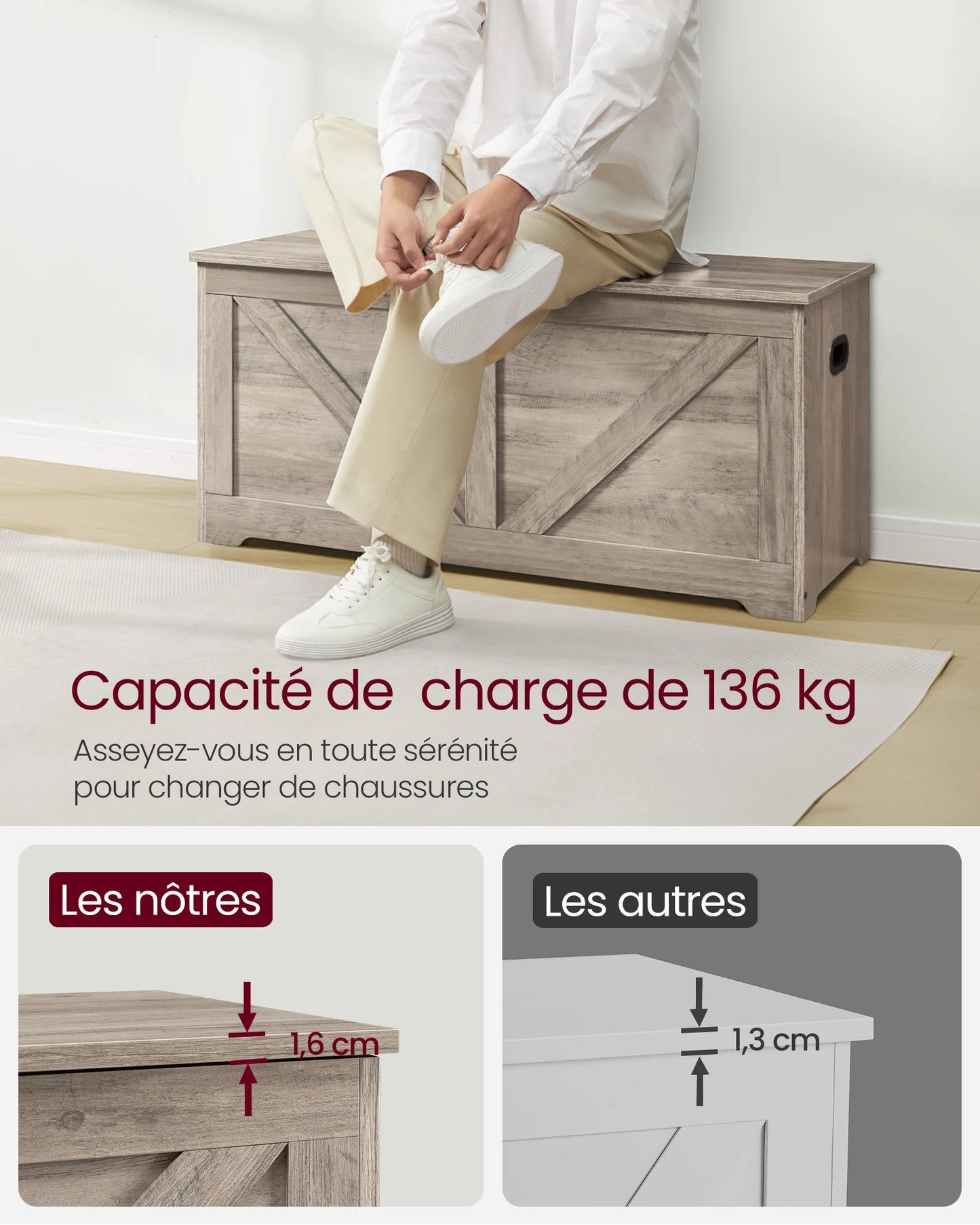 VASAGLE Storage Chest, Storage Bench, Blanket Box with 2 Safety Hinges, Shoe Storage Bench, Farmhouse Style, 40 x 100 x 46 cm