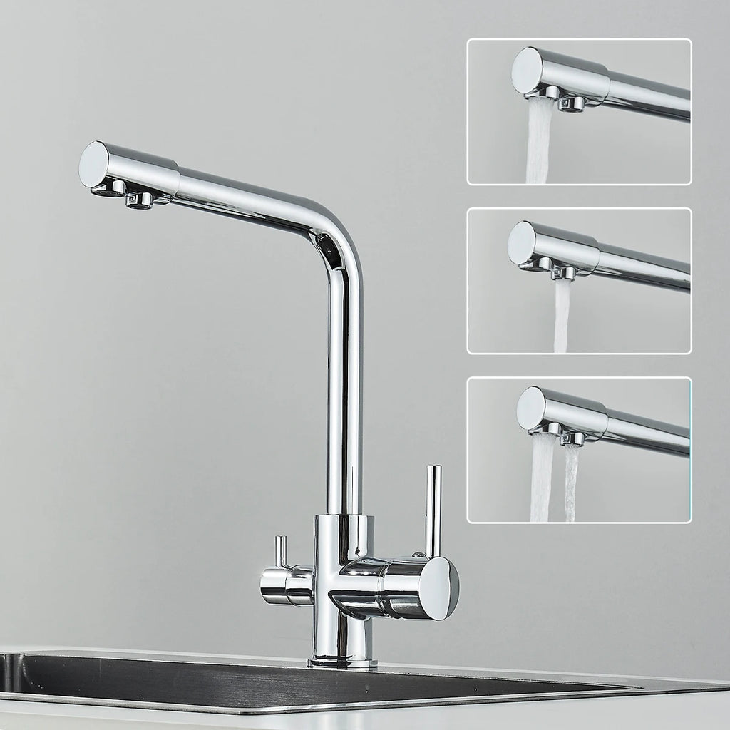 Pure Water Kitchen Faucet Chrome Stainless Steel Dual handle Hot Cold Water Mixer Tap Filtered Deck Mounted Torneira Crane Tap
