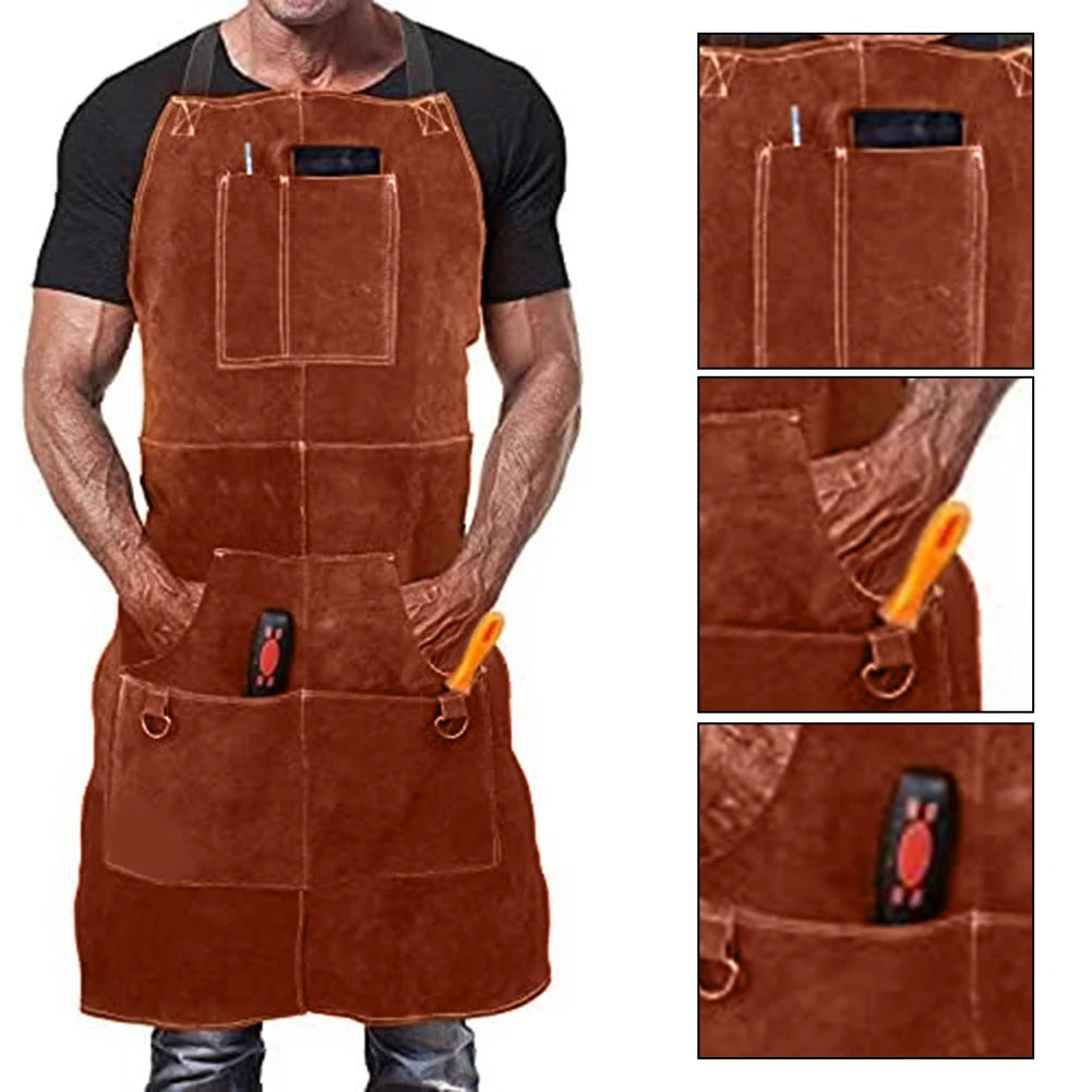Cowhide Welding Apron Heavy Duty Apron Industrial Use Maximum Protection Tool Storage 6 Large Pockets Chest To Knees Coverage