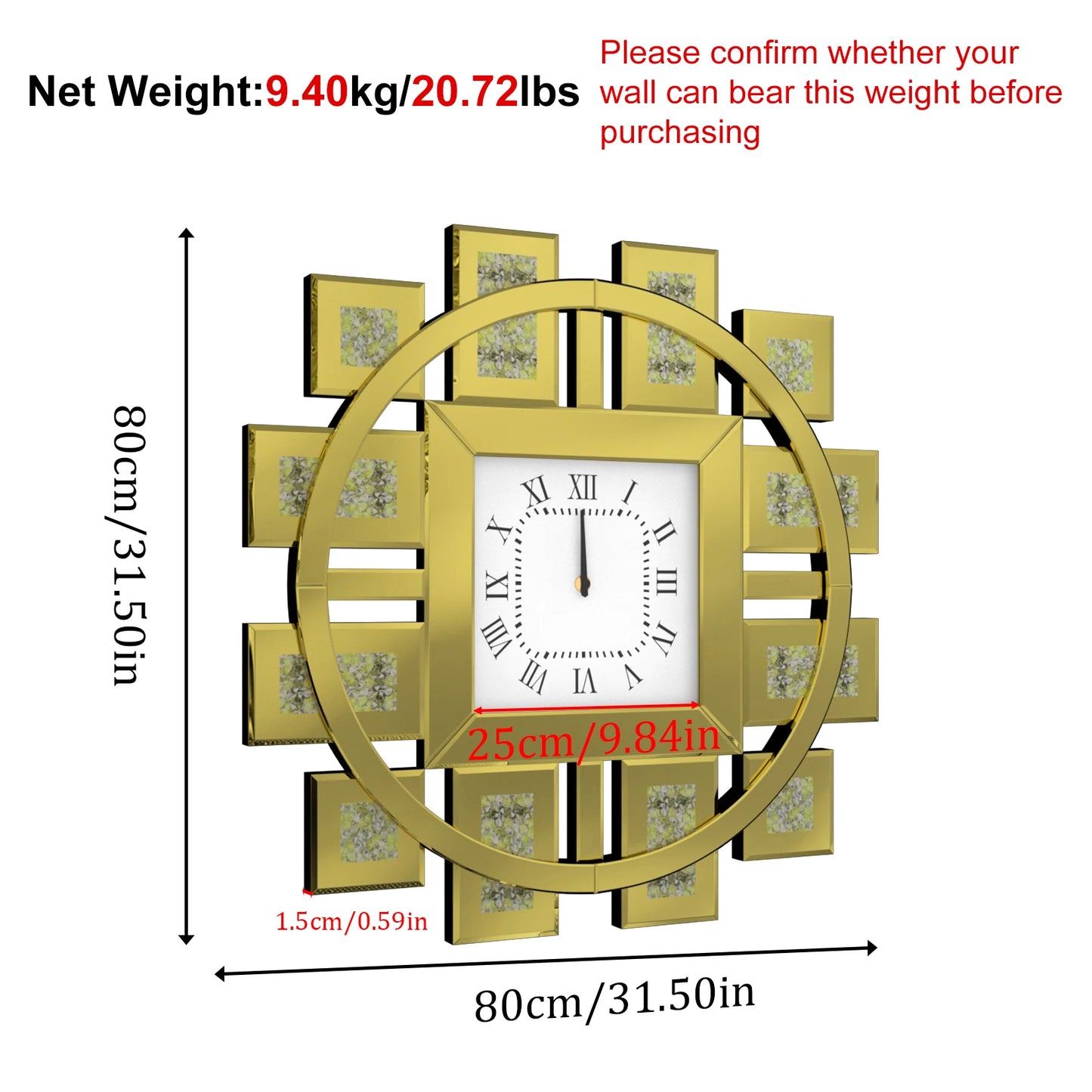 Irregular Large Crush Diamond Mirrored Wall Clock Sparkle Bling Quartz Clock Roman Numerals for Living Room