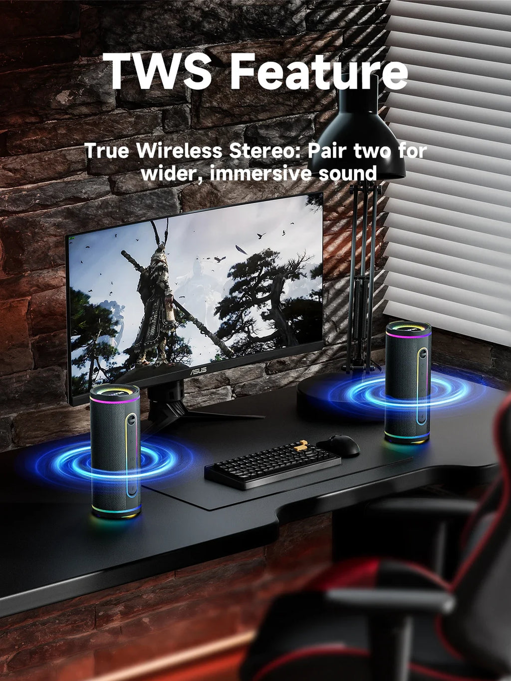 MLOVE E80 Bluetooth Speaker, Bluetooth 5.4, Dual Speakers, RGB Lights, IPX7 Waterproof, TWS Connectivity
