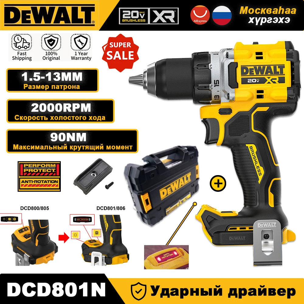 DEWALT 20V Brushless Cordless Compact Drill Driver DCD800 90N.m Rechargeable Original Electric Screwdriver Household Power Tools