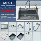 Stainless Steel Kitchen Sink with Faucet Digital Display Large Single Bowl Waterfall Rain 5 Functions System Dish Basin Sink