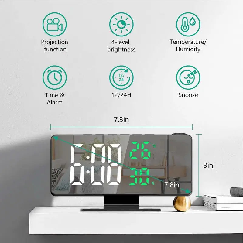 multi-functional projection alarm clock Intelligent luminous large screen Mirror Digital clock 180 Rotatable Projector for home