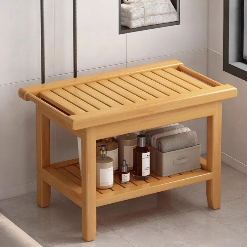 Anti-Slip Bamboo Shower Stool Waterproof Bathroom Bath Bench for Foot Washing or Entryway Shoe Changing Seat
