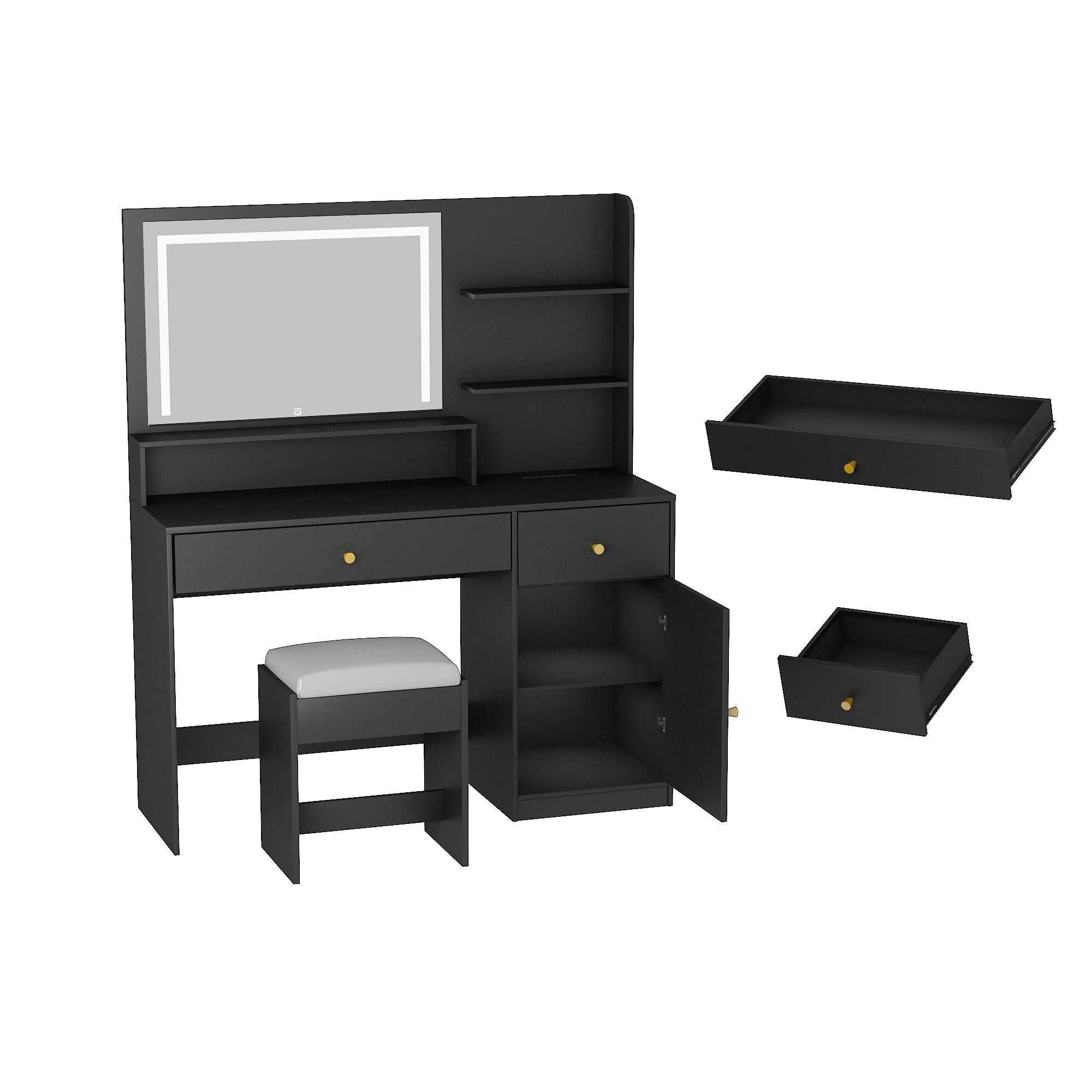 Vanity Desk with Mirror and Lights, LED Dressing Table with Vanity Chair Power Outlet, Lighted Makeup Vanity Desk with 2 Drawers