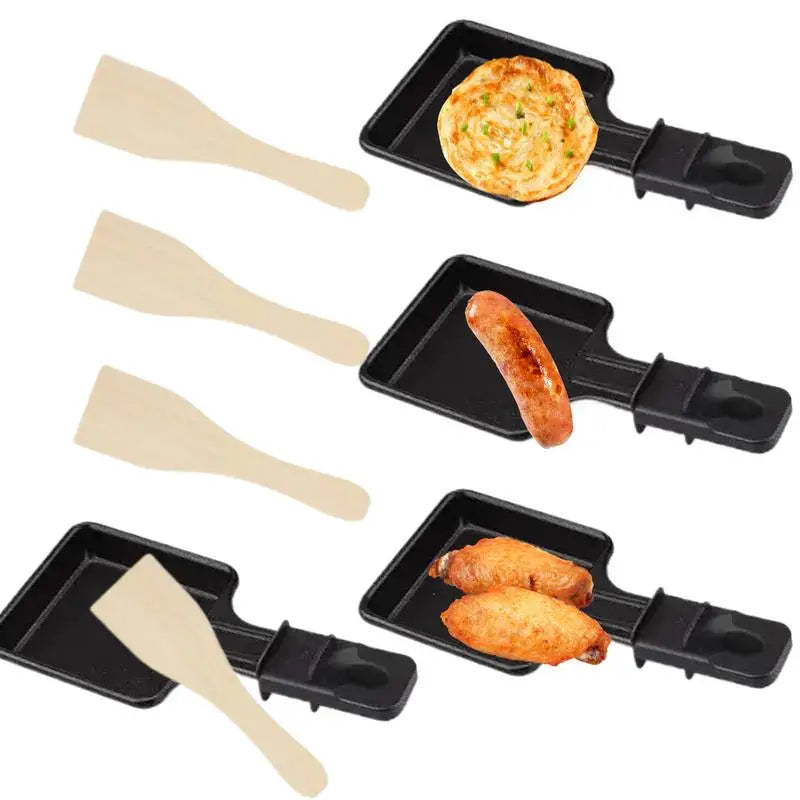 4PCS Raclette Pan with Non-Stick Coating with Insulated Handle and 4 Shovel Portable Cooking Tray for Melted Cheese Omelette