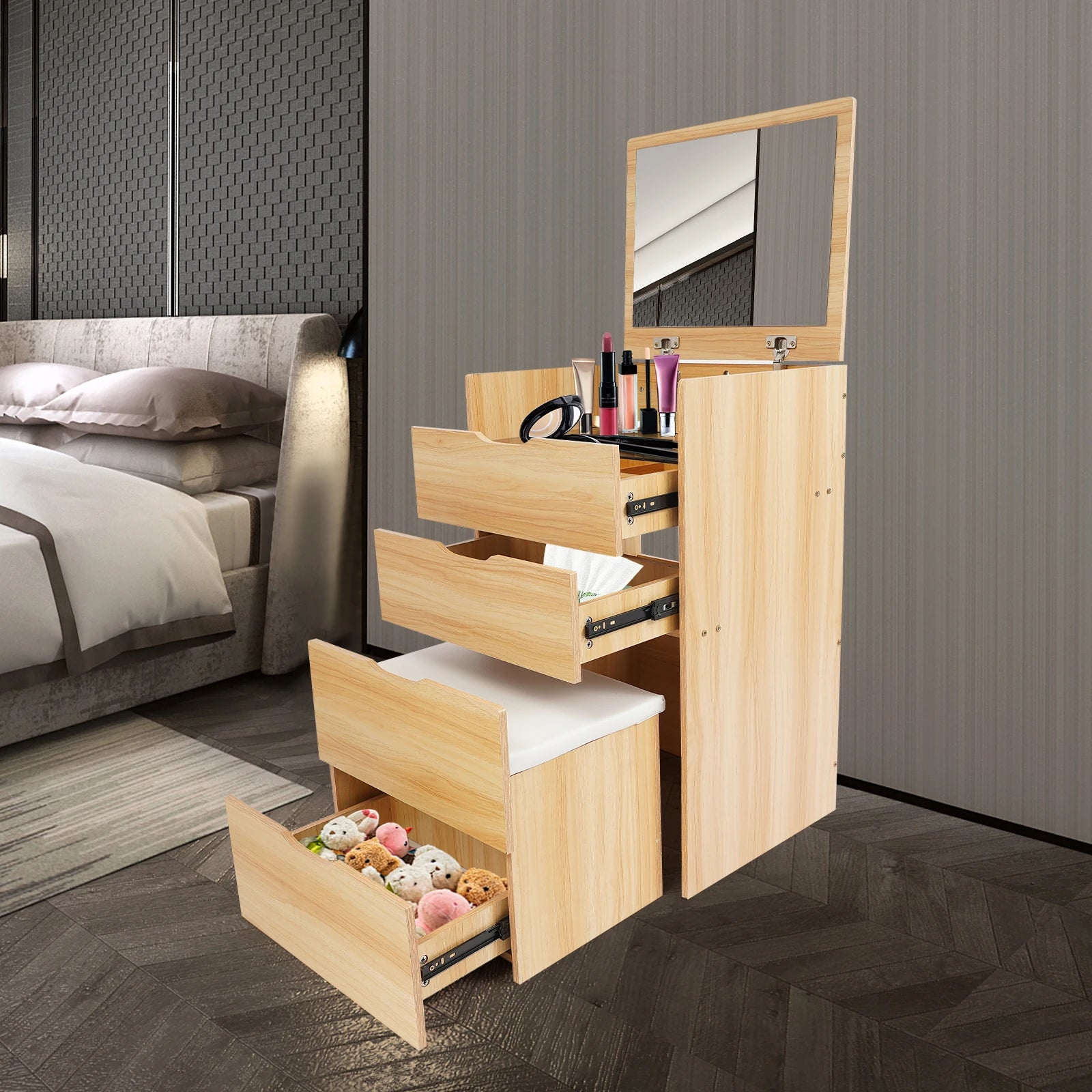 48CM Makeup Table with Makeup Stool, Cabinet with 3 Drawers , +Flip Mirror Modern Style Log Color