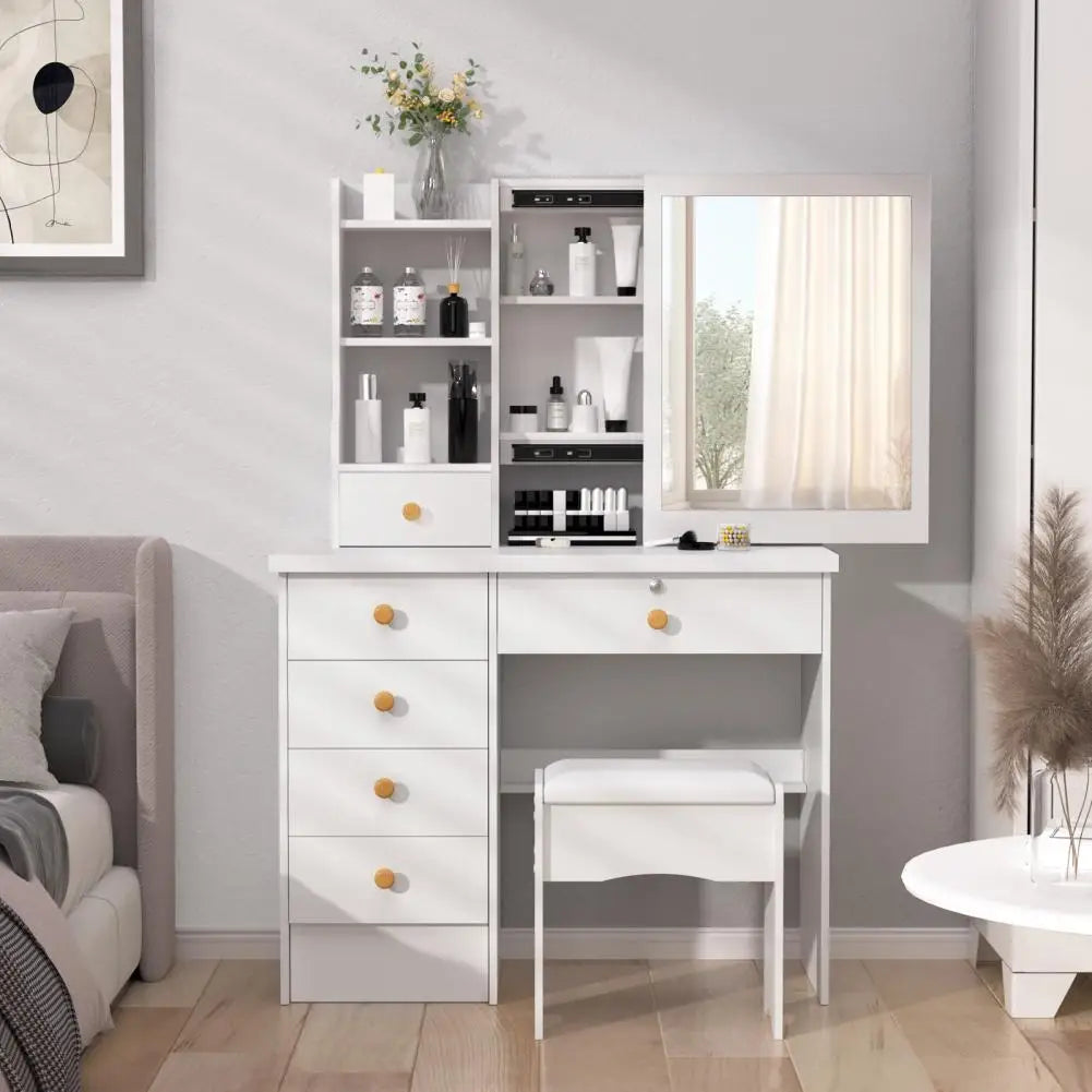 Vanity Desk with Sliding Mirror, Bedroom Dressing Table, Makeup Desk with 6 Drawers, Open Shelves, Hidden Storage Space