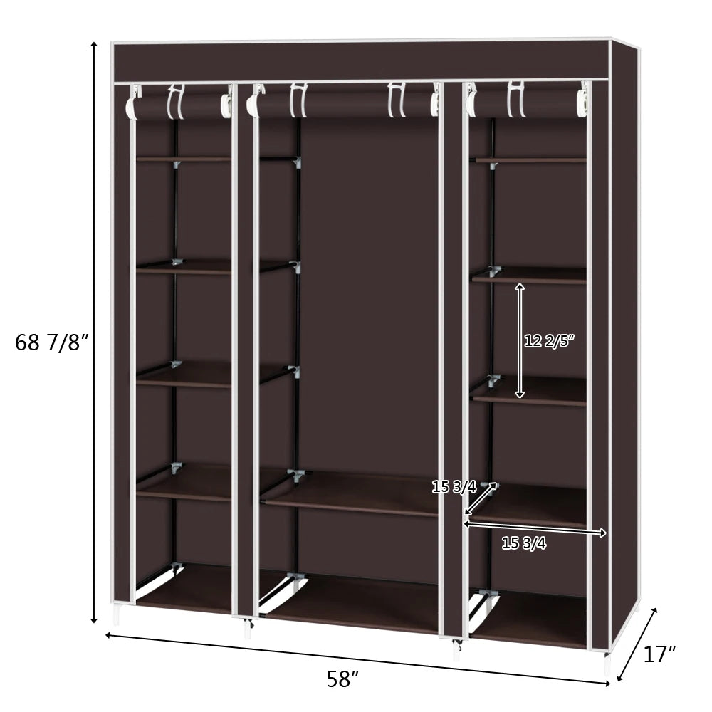69" Portable Clothes Wardrobe Storage Organizer with Non-Woven Fabric Quick and Easy To Assemble Extra Strong and Durable Dark