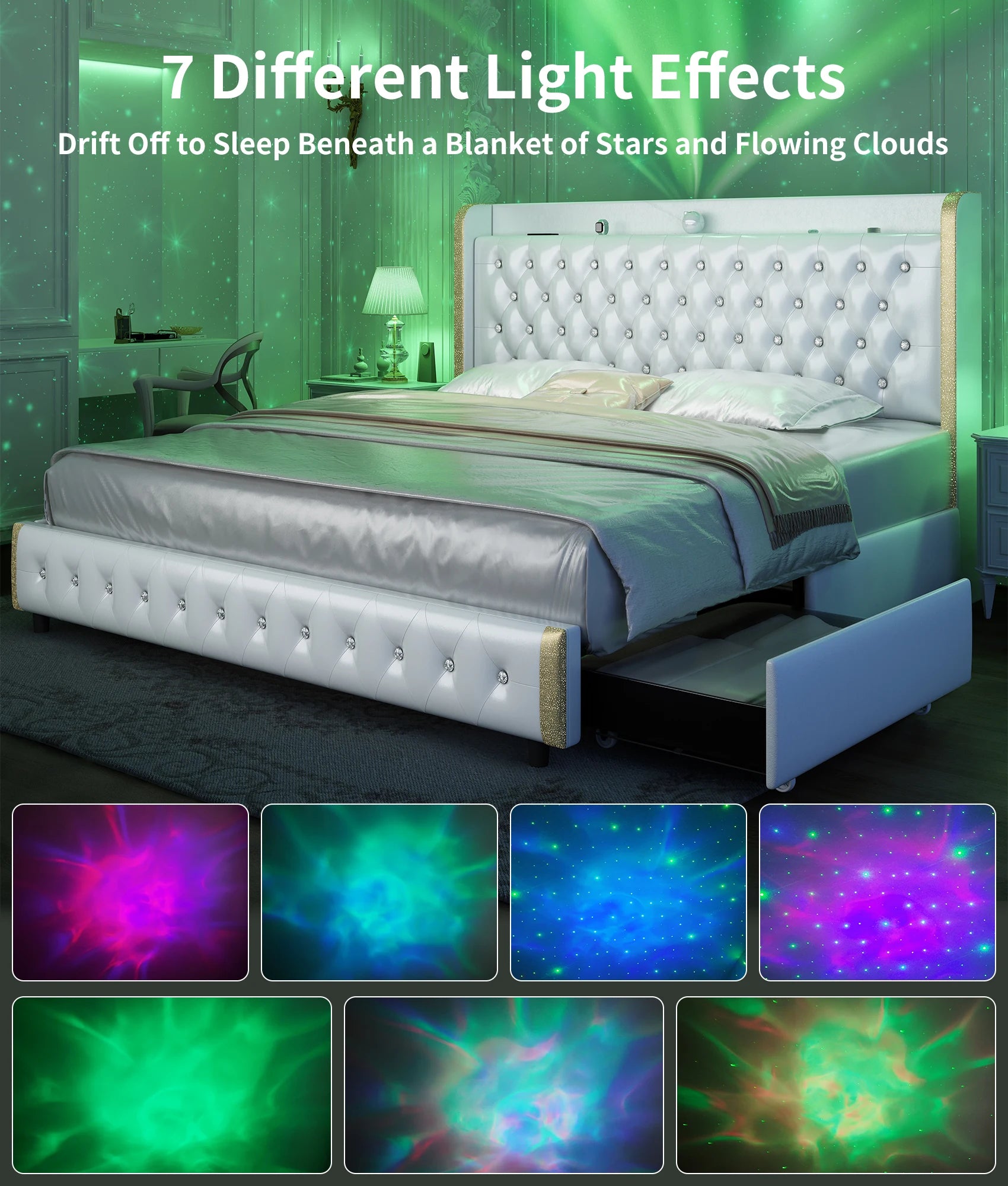 GEGOFORU Queen LED Bed Frame with Galaxy Projector, Bluetooth Speaker, USB Ports, 4 Drawers, No Box Spring Needed, PU Black