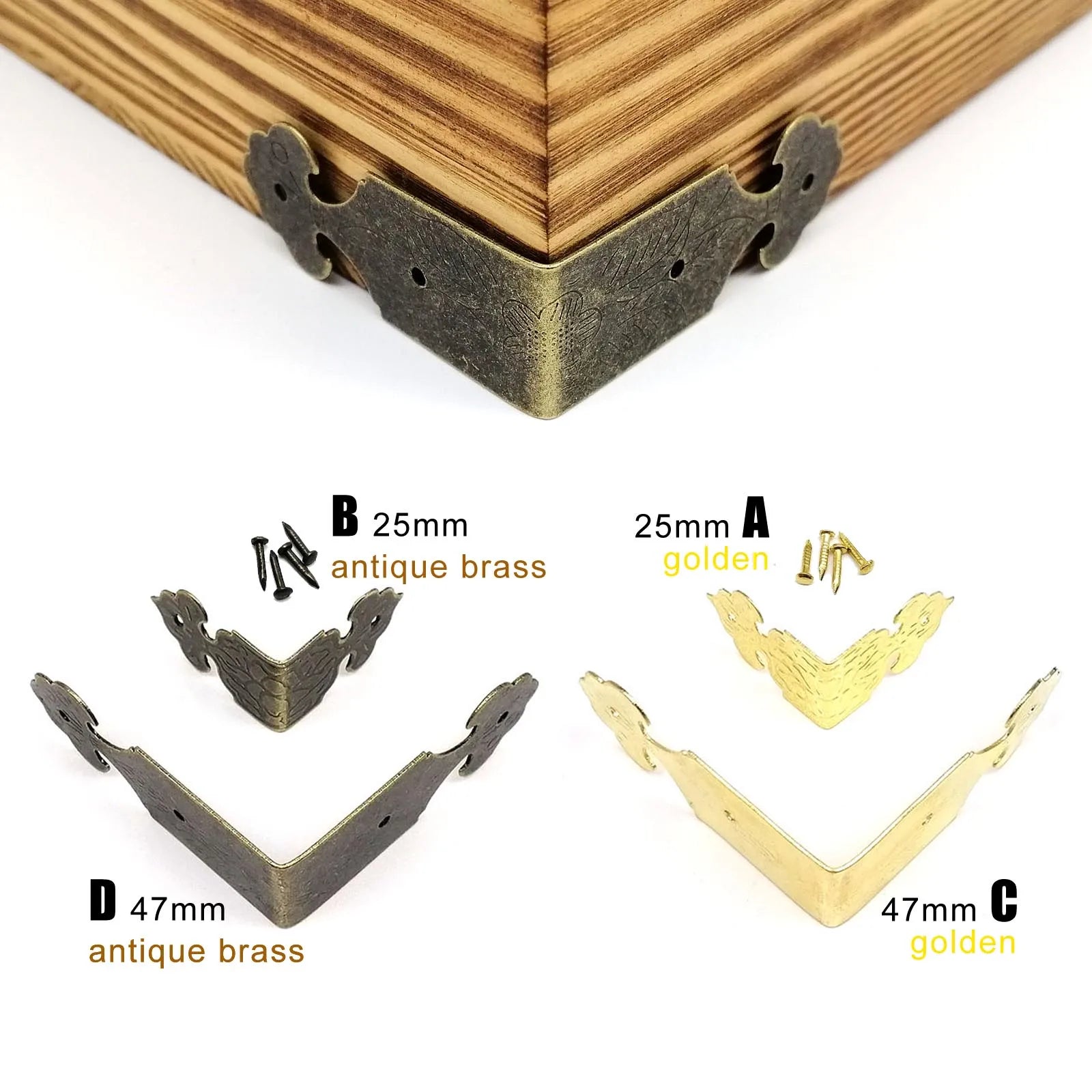 12pcs Decorative Corner Protector Guard Edge Cover for Jewelry Chest Wine Gift Box Wooden Case Table Desk Bronze Golden + Nails
