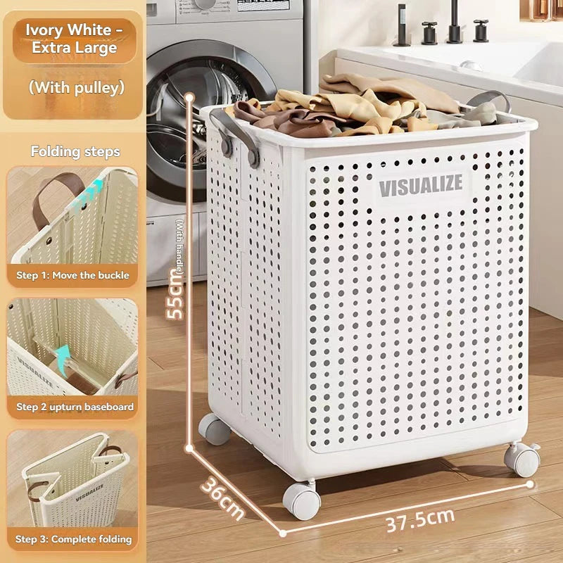 Folding dirty clothes basket, household laundry basket, with wheels, large capacity storage basket, balcony bathroom crevice
