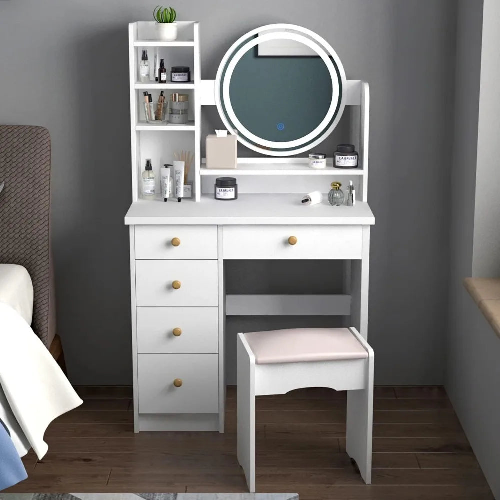 FUFU&GAGA White Vanity Set with Round Lighted Mirror, Makeup Vanity Dressing Table with 5 Drawers, Shelves, Dresser Desk and Cus