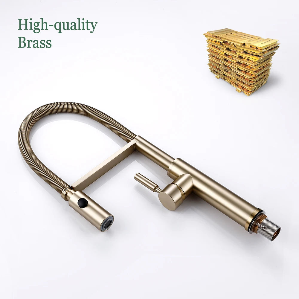 Brushed Gold Kitchen Faucets Single Handle Pull Out Kitchen Mixer Hot And Cold Water Swivel Degree Water Tap