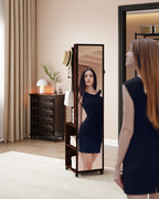 Jewellery Cabinet, Mirror Cabinet, Standing Jewellery Organiser with 1 Clothes Rack, 3-Tier Shelves with 4 Coat Hooks