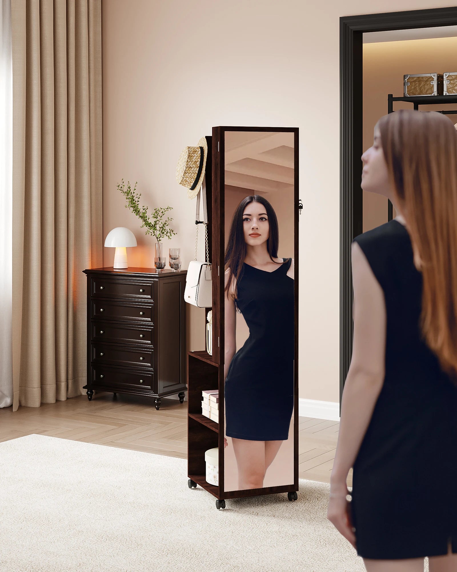 Jewellery Cabinet, Mirror Cabinet, Standing Jewellery Organiser with 1 Clothes Rack, 3-Tier Shelves with 4 Coat Hooks