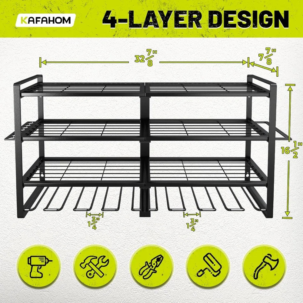 4 Layer Heavy Duty Metal Power Tool Storage Rack,Garage Tool Organizer and Storage with Screwdriver Holder Holder/Hammer Holder