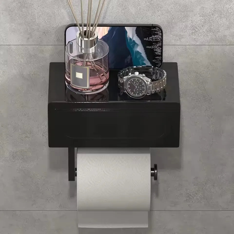 1pc Sleek Black Wall - Mounted Toilet Paper Holder with Shelf - No - Drill, Durable Bathroom Organizer for Essentials