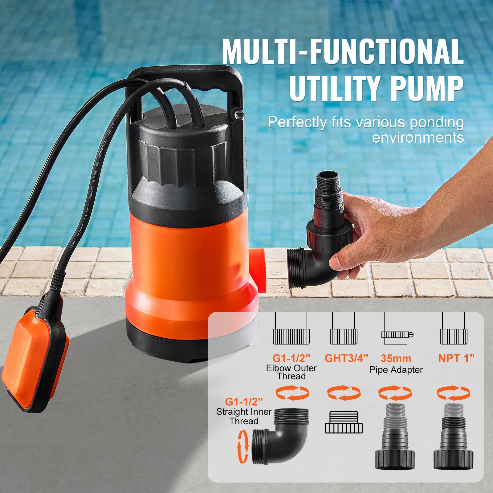 VEVOR Utility Pump 1HP 4000GPH High Flow 31ft Head Sump Pump Submersible Water Pump with 10ft Long Power Cord for Draining Water