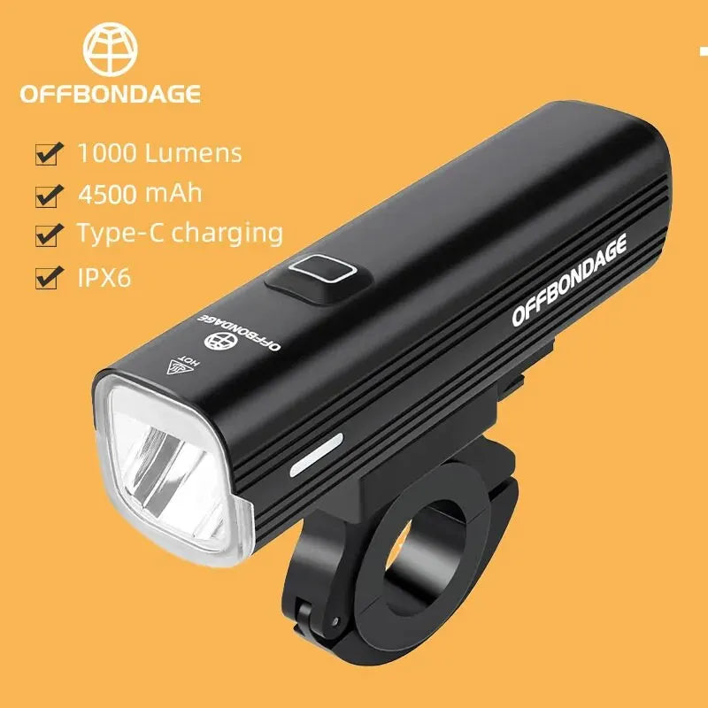 OFFBONDAGE 1000LM Bike Headlight – USB Rechargeable, Power Bank, Waterproof, MTB & Road Handlebar Light