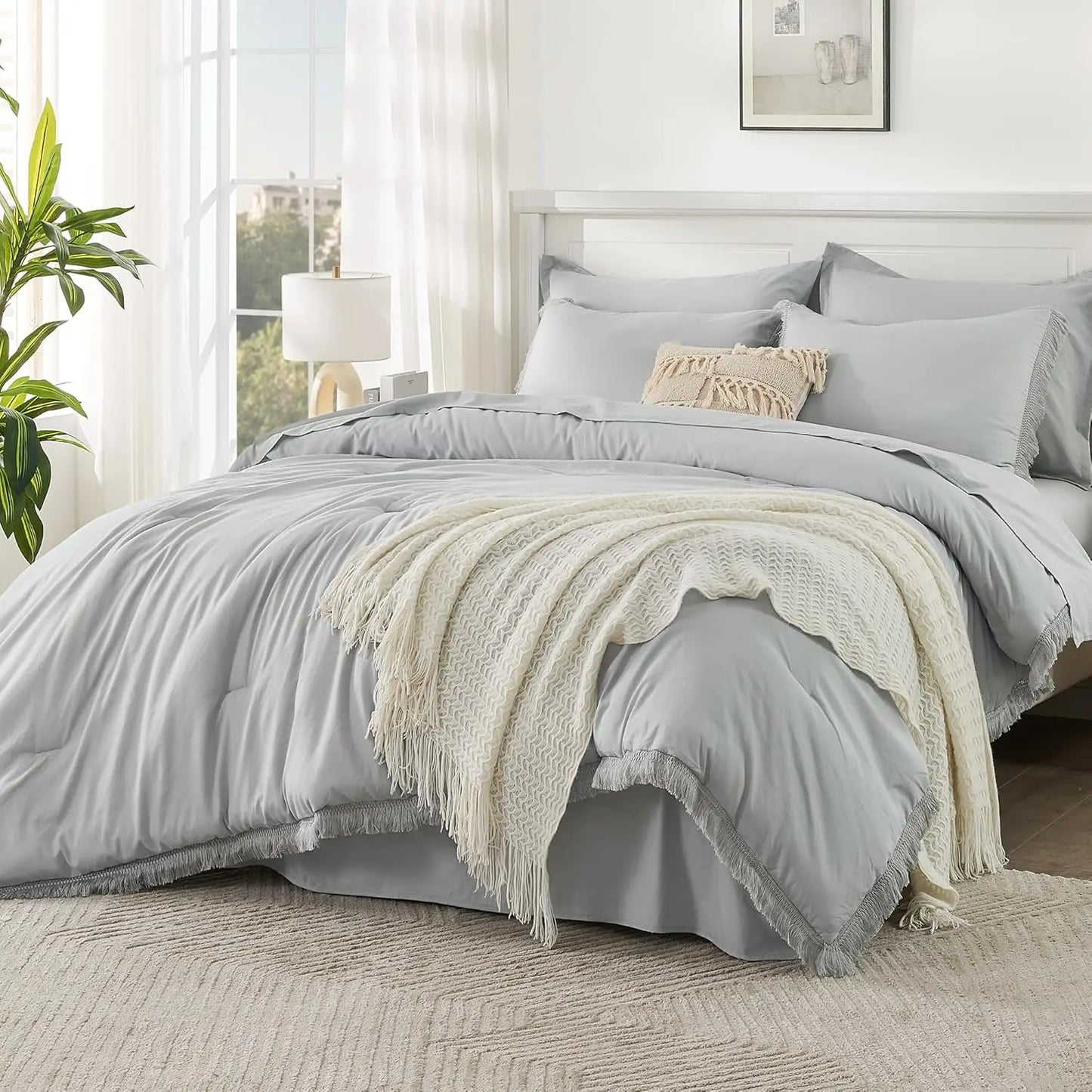 Comforter Set King Size, with Sheets 7 Pieces Boho Tassel Bed in a Bag Soft Lightweight Bedding Sets, All Season Fringe Bed Set