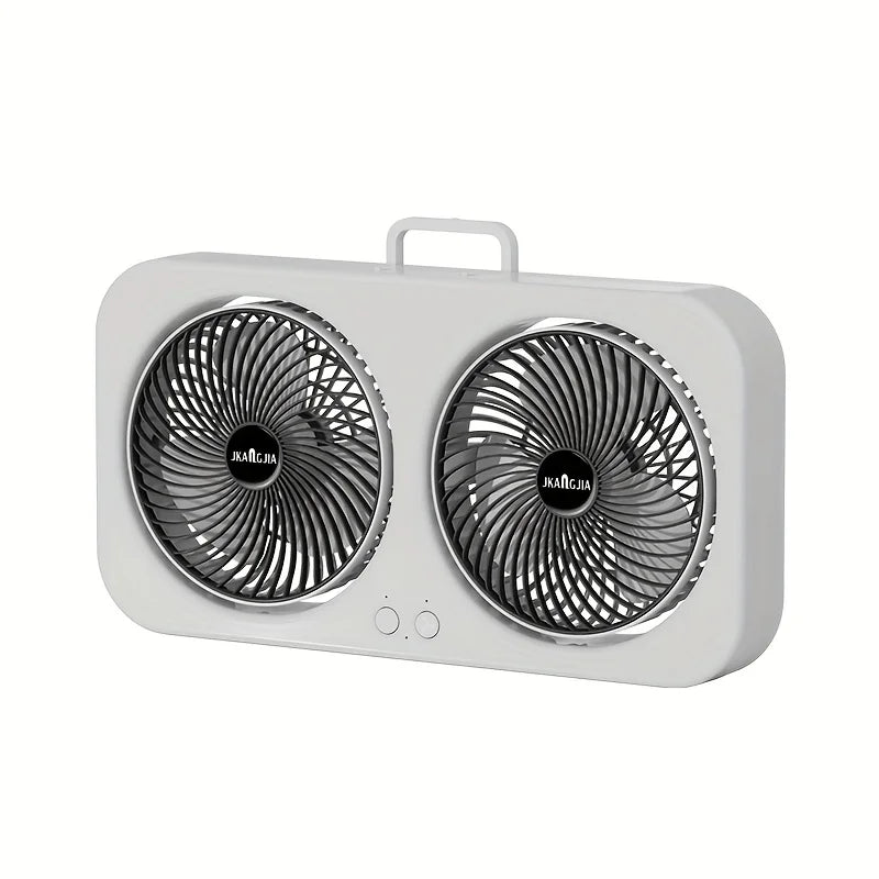 Dual head USB fan with 360 ° rotatable blades, wall mounted and free standing design, rechargeable, suitable for offices, bedroo