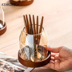 KEMORELA 1PCS Tableware Storage Jar with Tray Chopsticks Organizer Knife Fork Rack Fruit Fork Holder for Kitchen Organization