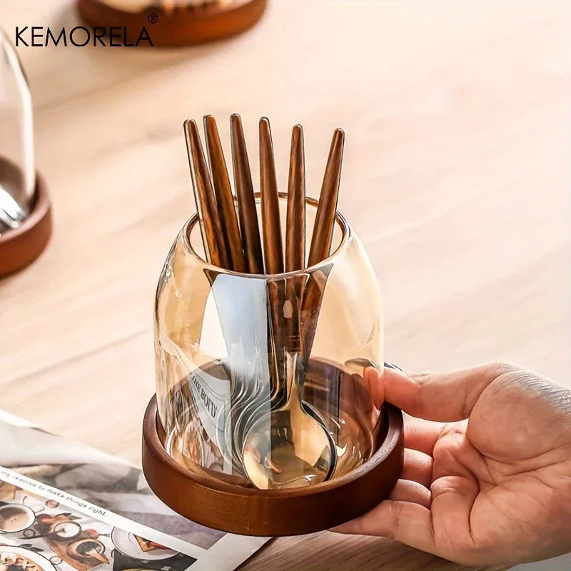 KEMORELA 1PCS Tableware Storage Jar with Tray Chopsticks Organizer Knife Fork Rack Fruit Fork Holder for Kitchen Organization