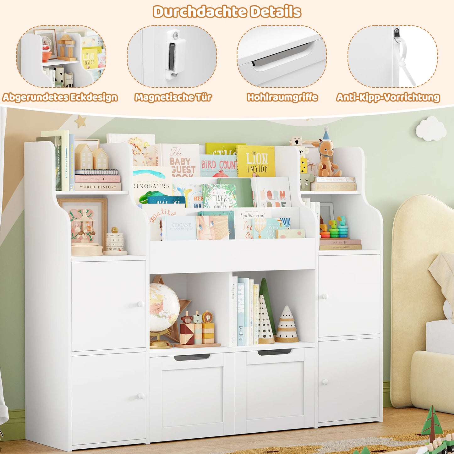 Getone CHILDREN'S room, children's shelf furniture, toys chest, Bookcase, CHILDREN'S wardrobe with 13 shelves 2 doors 2 drawers 122x30x100cm