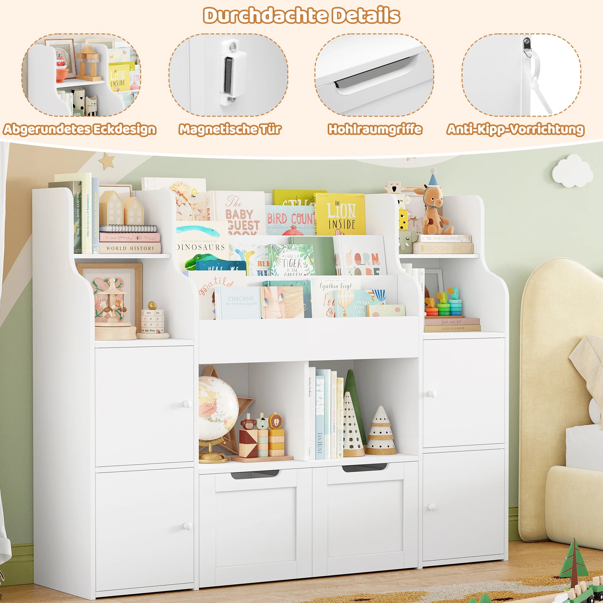 Getone CHILDREN'S room, children's shelf furniture, toys chest, Bookcase, CHILDREN'S wardrobe with 13 shelves 2 doors 2 drawers 122x30x100cm