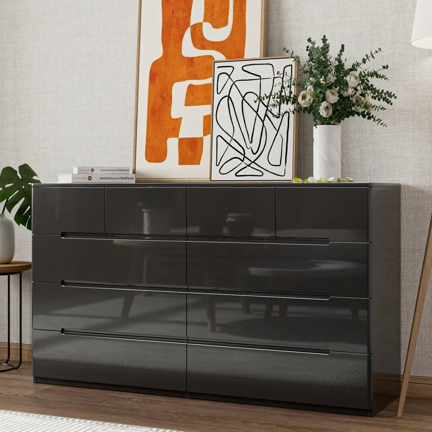 10 Drawer Dresser, Black Dresser for Bedroom, High Gloss Modern Dresser & Chest of Drawers, 55" Long Dresser TV Stand, Large